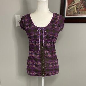 Ikebana Purple Women's Top Cap sleeves Y2K Semi Sheer Hooks tie baby doll mesh